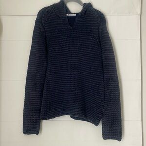 T by Alexander Wang Navy Chunky Knit Hooded Wool Sweater